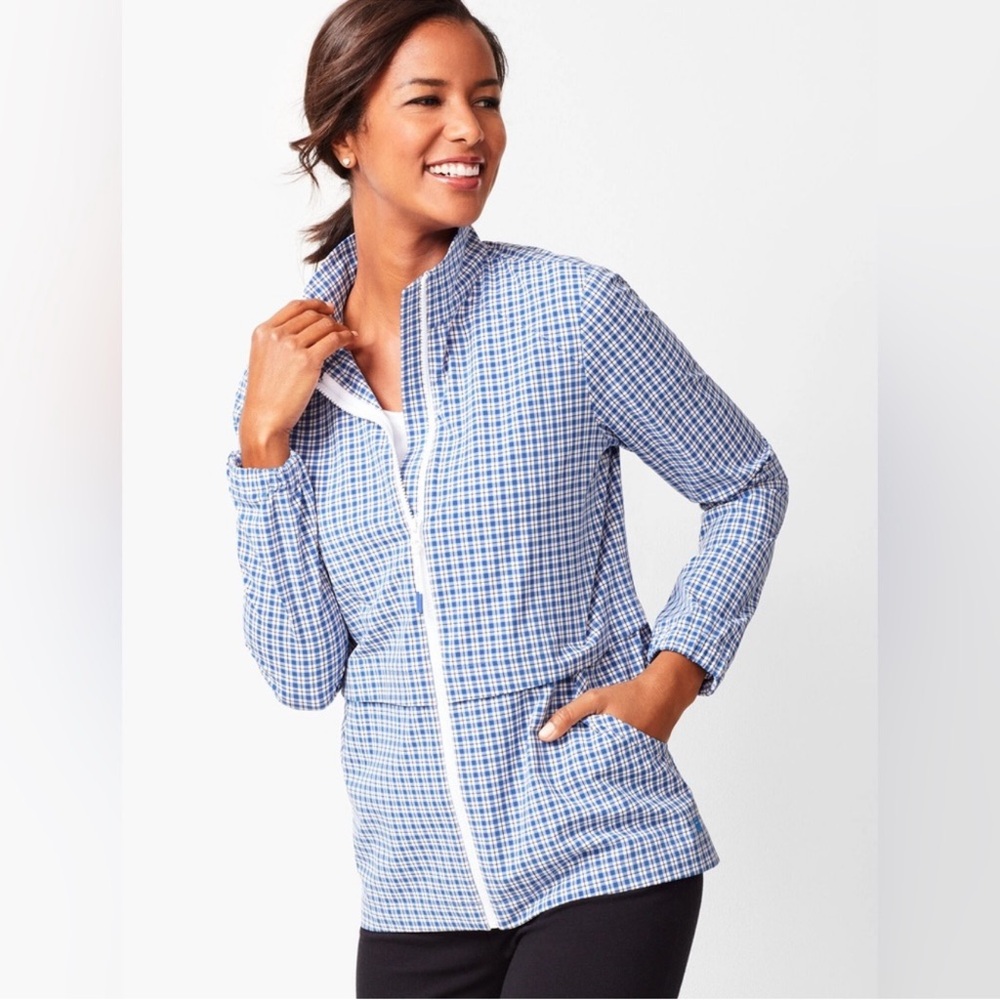 NWOT T by Talbots Lightweight Jacket XL Blue White Plaid Zip Front‎ Activewear
